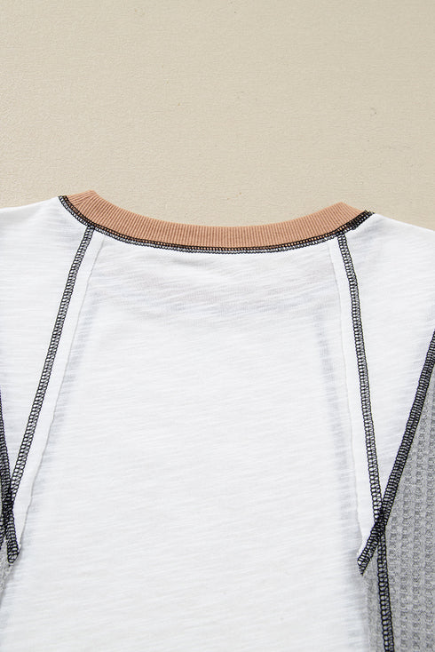 Waffle Patchwork Exposed Seam Balloon Sleeve Color Block Knit Top